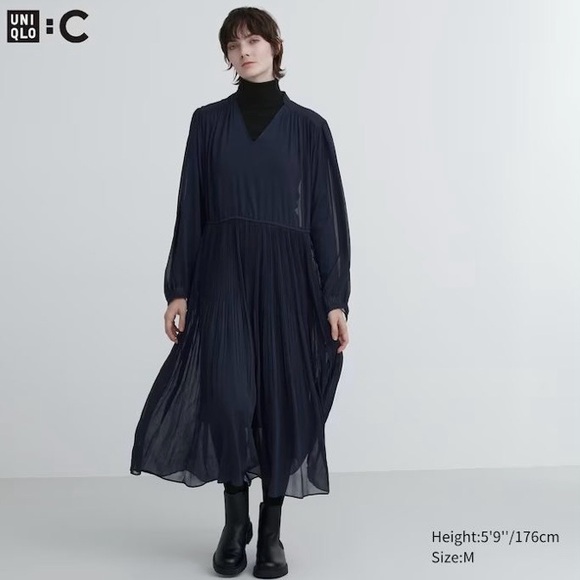 Uniqlo | Dresses | Uniqlo C Chiffon Pleated Longsleeve Dress | Poshmark